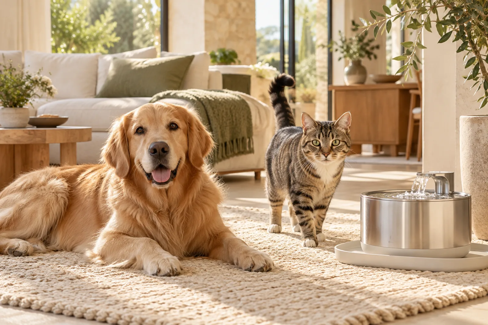Un perro y un gato comparten un hogar luminoso junto a una fuente de agua